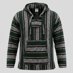 Emisa Mens XL Green Striped Baja Hoodie Mexican Poncho Jerga Pullover Sweater
